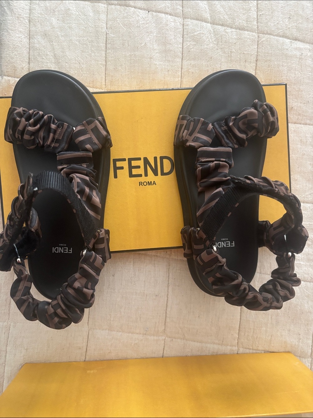 Fendi women’s  Black & Brown Logo-Print Scrunch Strap Sandals